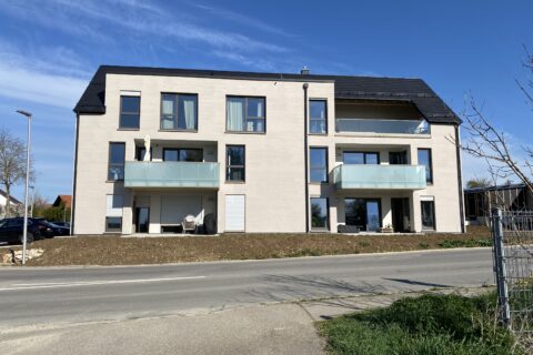 Innen-, Außenputzarbeiten und Farbgestaltung an einem Merhfamilienhaus- Außenputz als Besenstrichstruktur ausgeführt